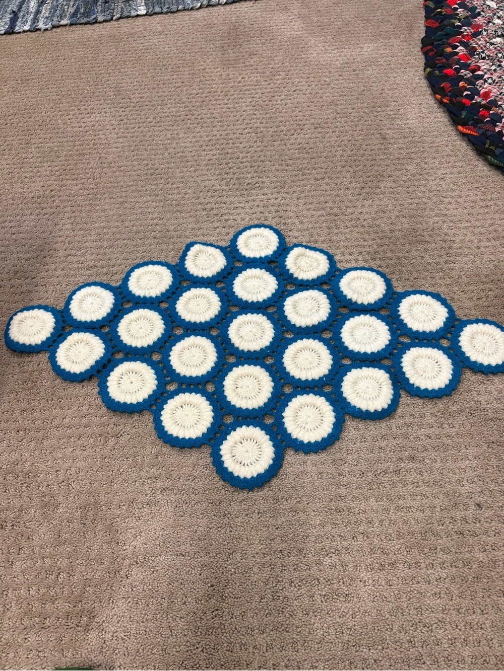Handmade Blue and White Crochet Table Accent Runner Bachelor’s Button Design